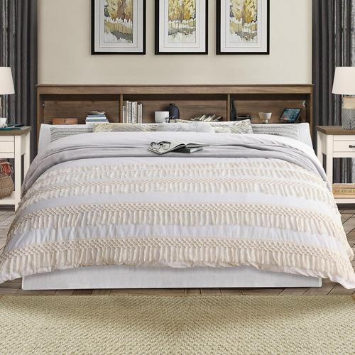 Woven Paths Carriage Hill Low Profile Bookcase King Headboard with 2 USB Ports, Oak
