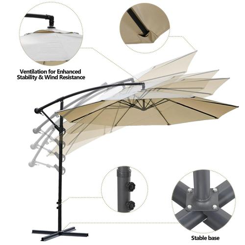 ZenSports 10FT Cantilever Patio Hanging Umbrella, Offset Umbrella W/ 8 Sturdy Ribs and Crank Lift, Beige