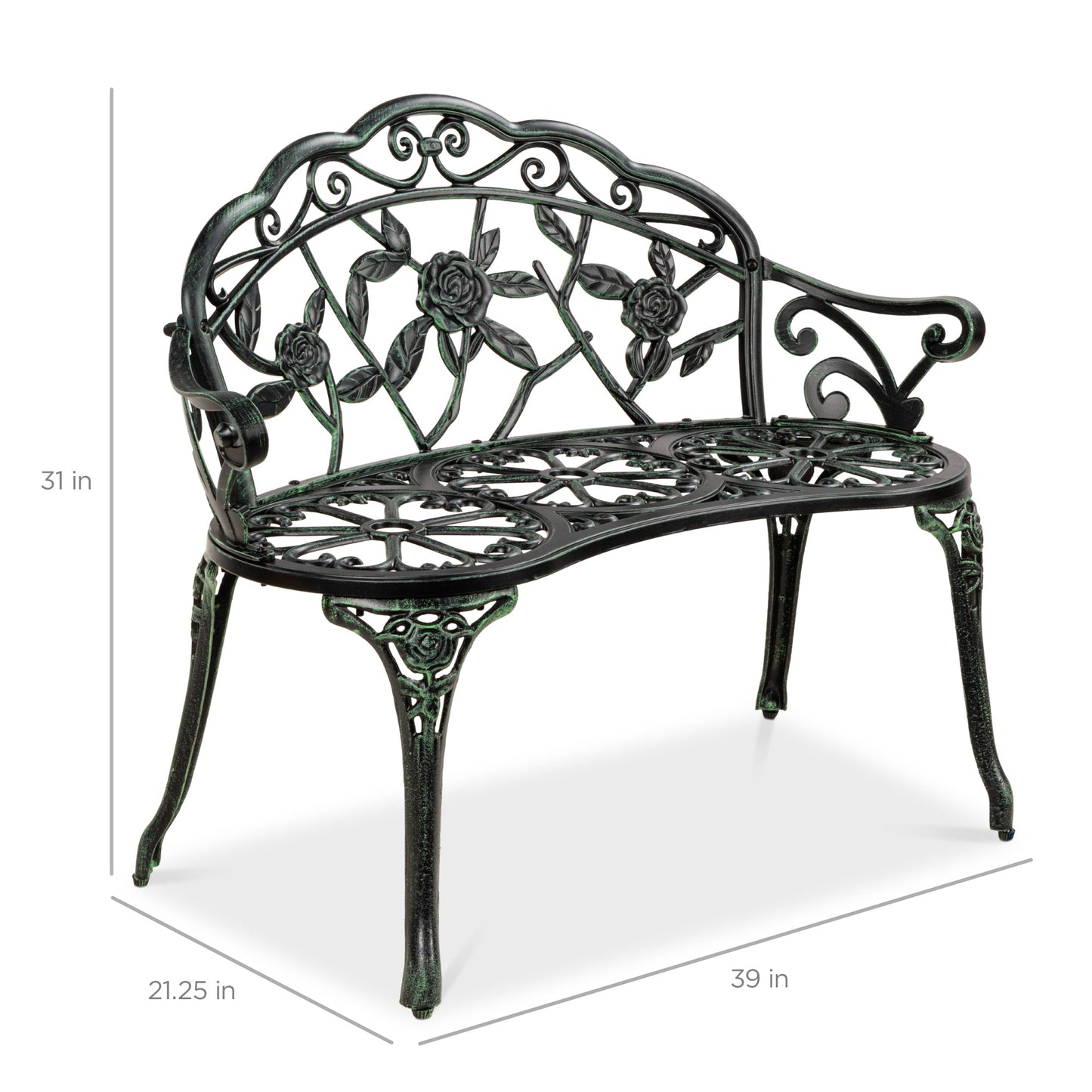 Steel Garden Bench Outdoor Patio Furniture w/ Floral Rose Accent - 39in