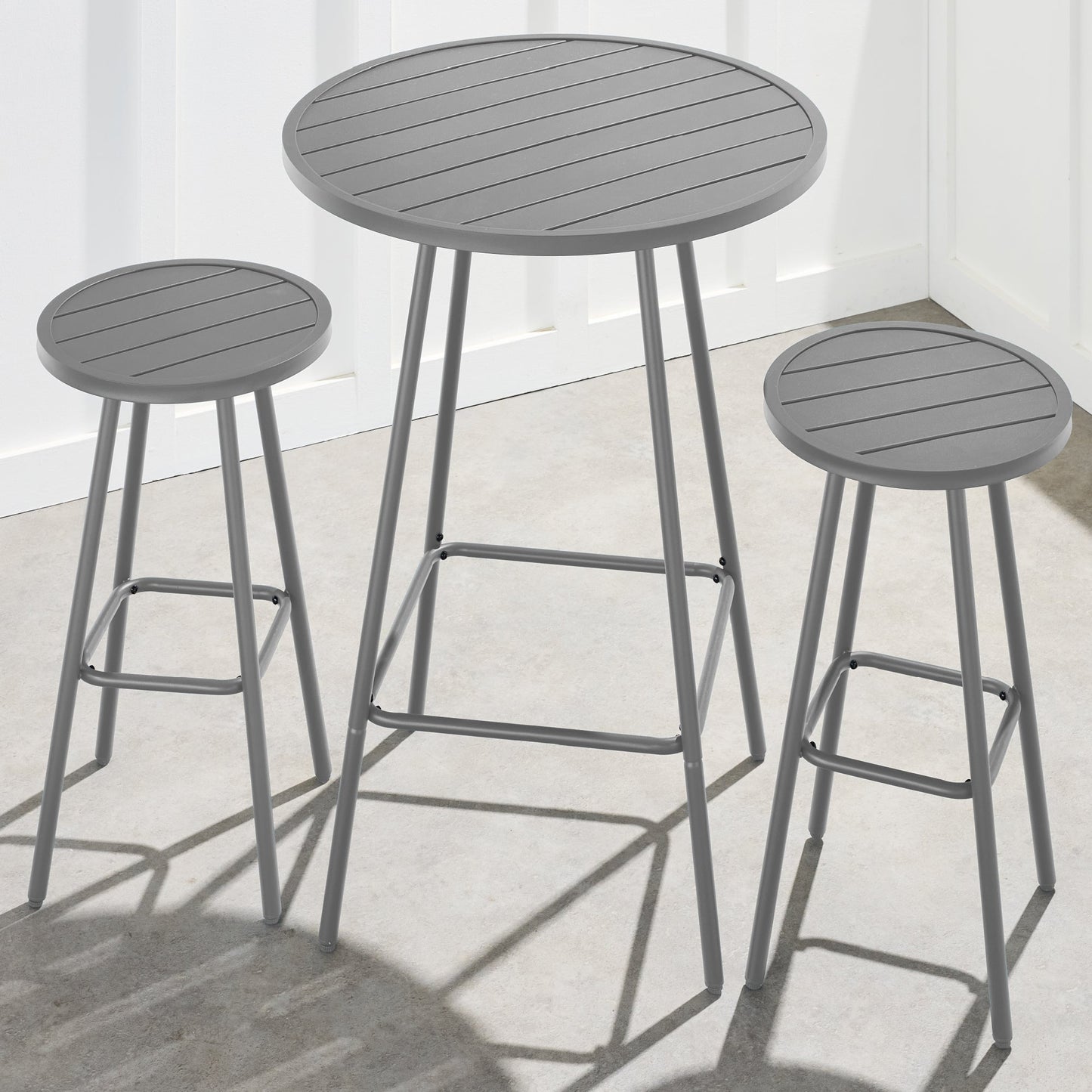 3-Piece Patio Bar Height Bistro Set w/ Backless Stools, Slatted Design