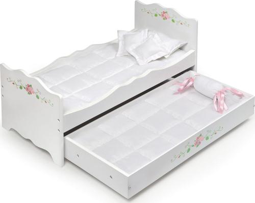 Badger Basket Doll Bed with Trundle and Bedding - White Rose - Fits American Girl, My Life As and Most 18 Dolls