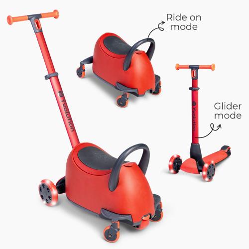 Yvolution Y Glider Luna Red | 5-in-1 Ride-On Toy to Kids Kick Scooter with LED Light-up Wheels for Boys and Girls Age 10 Months to 10 Years