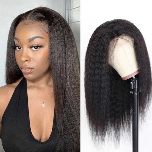 Beauhair Kinky Straight Lace Front Wigs Human Hair,Yaki Straight 13×4 HD Transparent Lace Frontal Wig Brazilian Human Hair Wigs for Women Pre Plucked with Baby Hair 180% Denisty Natural Color 16