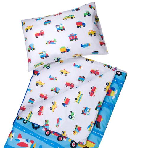 Wildkin Kids Microfiber Sleeping Bag, Toddler Boys, Trains, Planes and Trucks, Blue