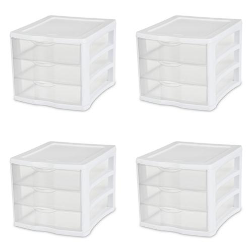 Sterilite 3 Drawer Unit Plastic, White, Set of 4