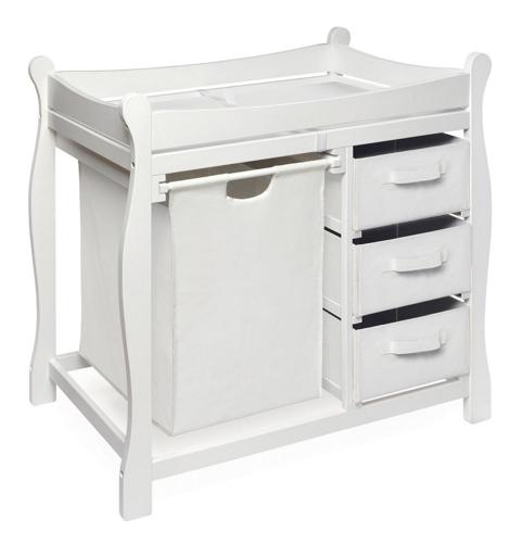 Badger Basket Sleigh Style Baby Changing Table with Hamper and 3 Baskets, White, Includes Pad