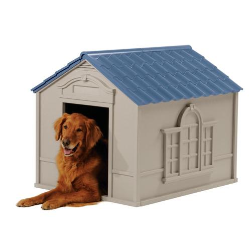 Suncast Deluxe Indoor and Outdoor Dog House for Medium/Large Breeds, Tan/Blue