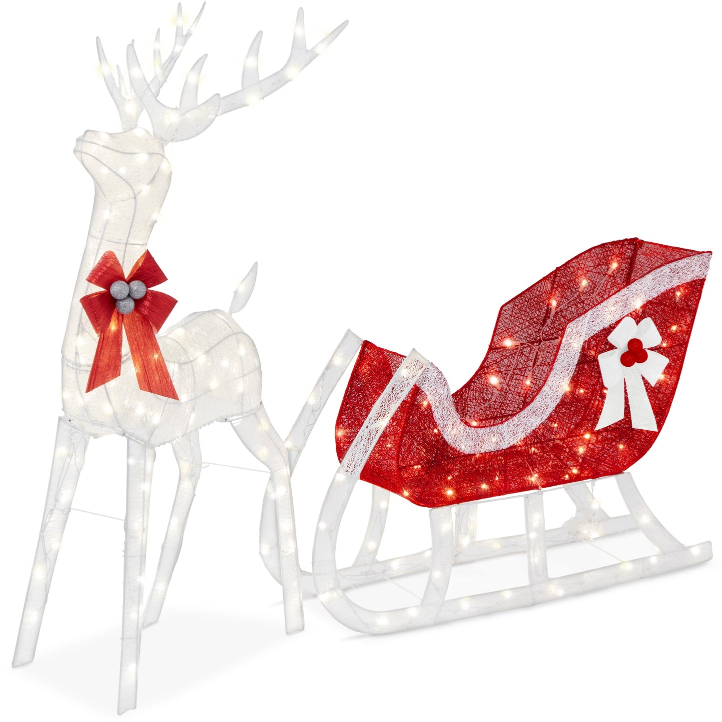 XL Lighted Christmas Reindeer & Sleigh Outdoor Decor Set w/ LED Lights