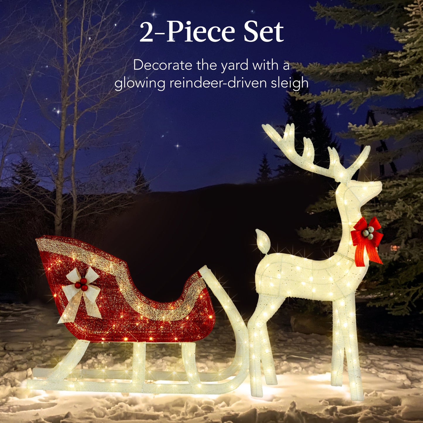 XL Lighted Christmas Reindeer & Sleigh Outdoor Decor Set w/ LED Lights
