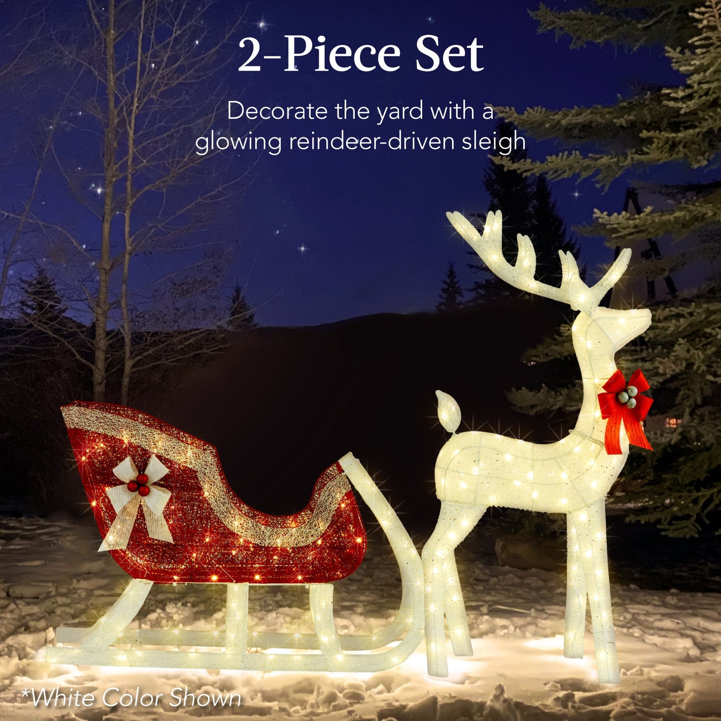 XL Lighted Christmas Reindeer & Sleigh Outdoor Decor Set w/ LED Lights