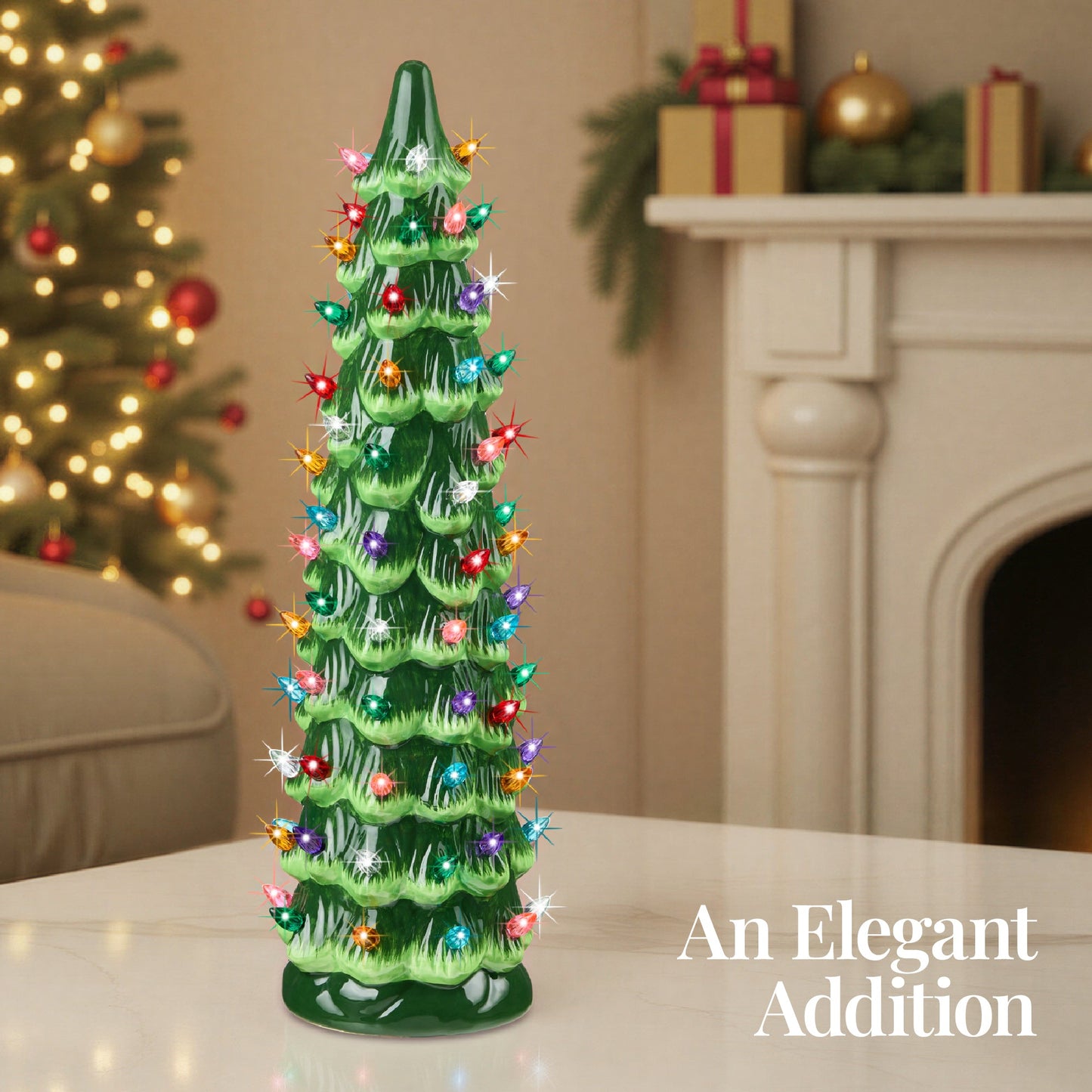 21in Ceramic Christmas Tree, Hand-Painted Holiday Decor w/ LED Lights