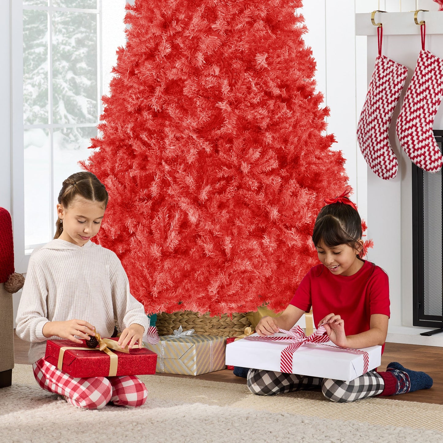 Artificial Red Christmas Tree, Unlit Pine Design w/Easy Assembly