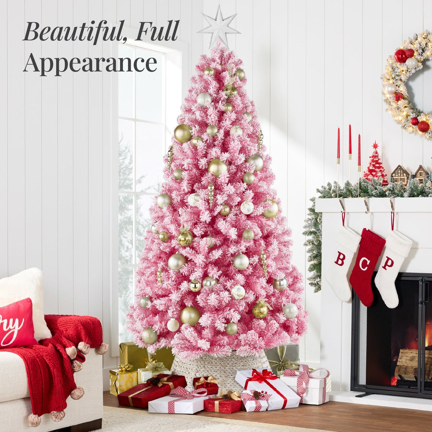 Snow Flocked Colorful Artificial Pine Christmas Tree w/ Foldable Metal Base