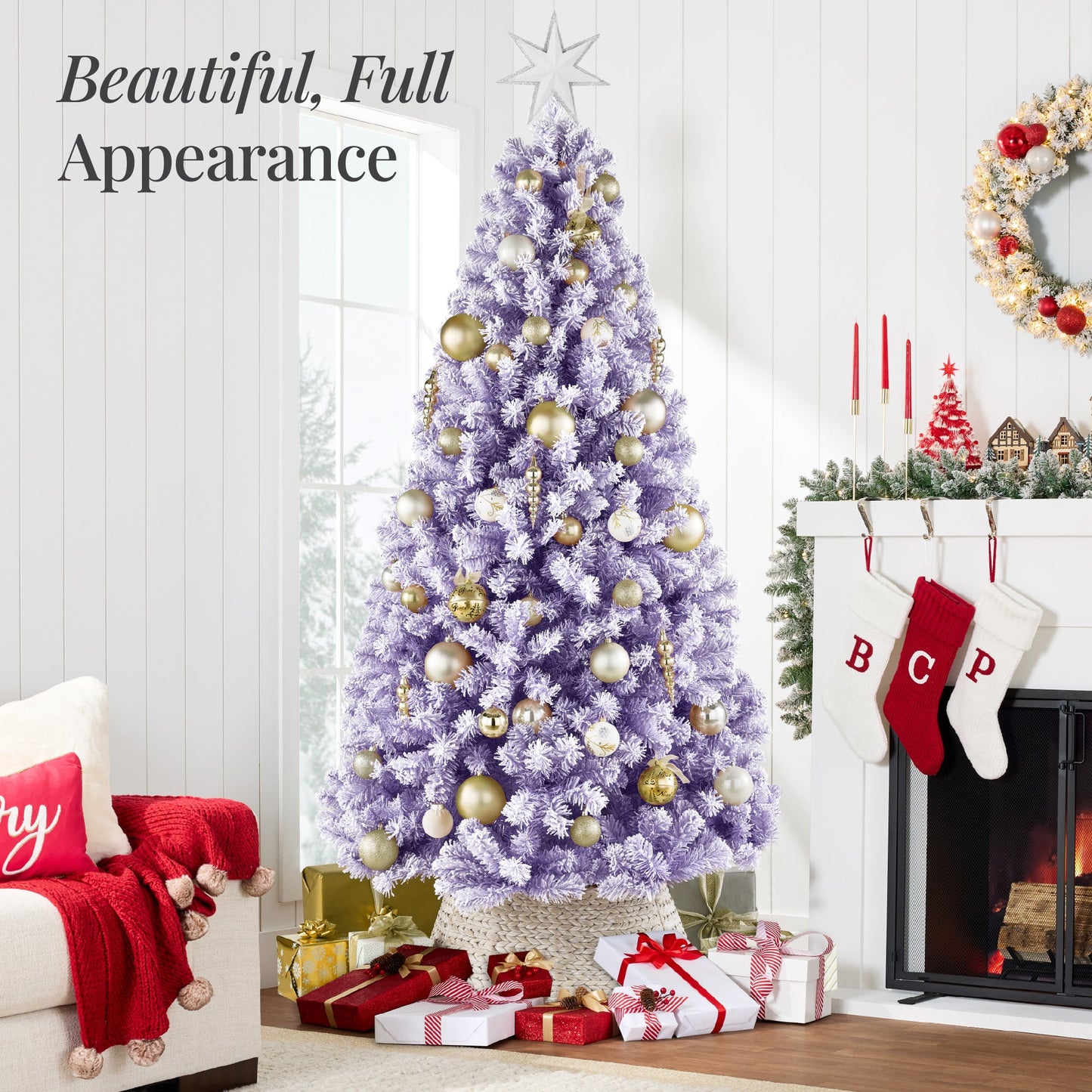 Snow Flocked Colorful Artificial Pine Christmas Tree w/ Foldable Metal Base