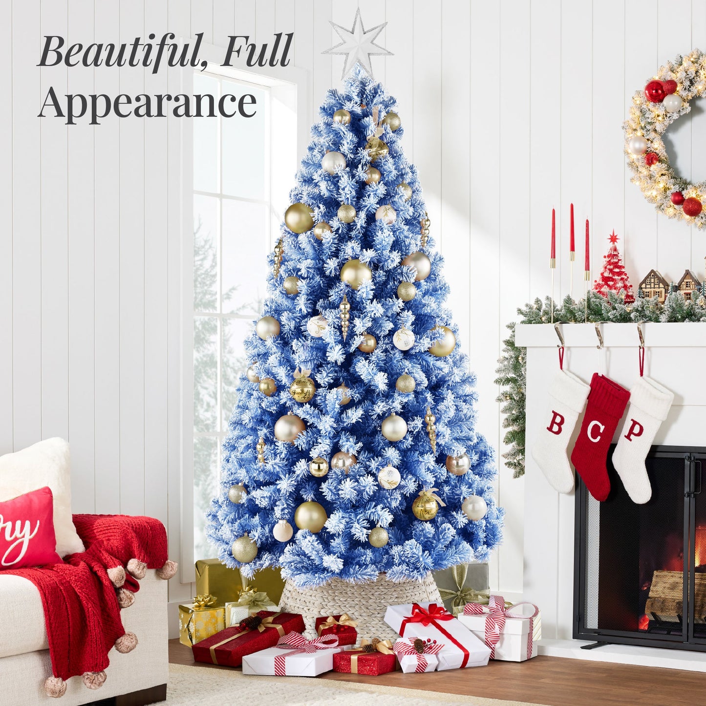 Snow Flocked Colorful Artificial Pine Christmas Tree w/ Foldable Metal Base