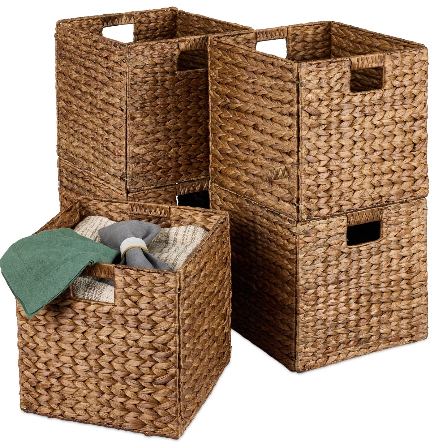 Set of 5 Collapsible Hyacinth Storage Baskets w/ Inserts - 12x12in