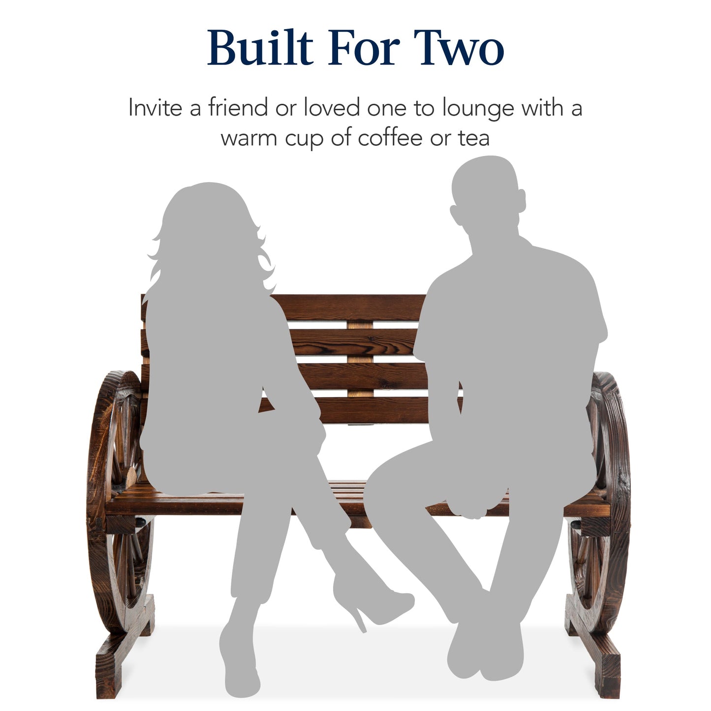 2-Person Rustic Wooden Wagon Wheel Bench w/ Slatted Seat and Backrest