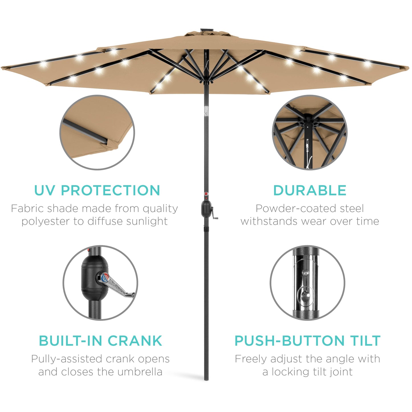 Solar LED Lighted Patio Umbrella w/ Tilt Adjustment, UV-Resistant - 10ft