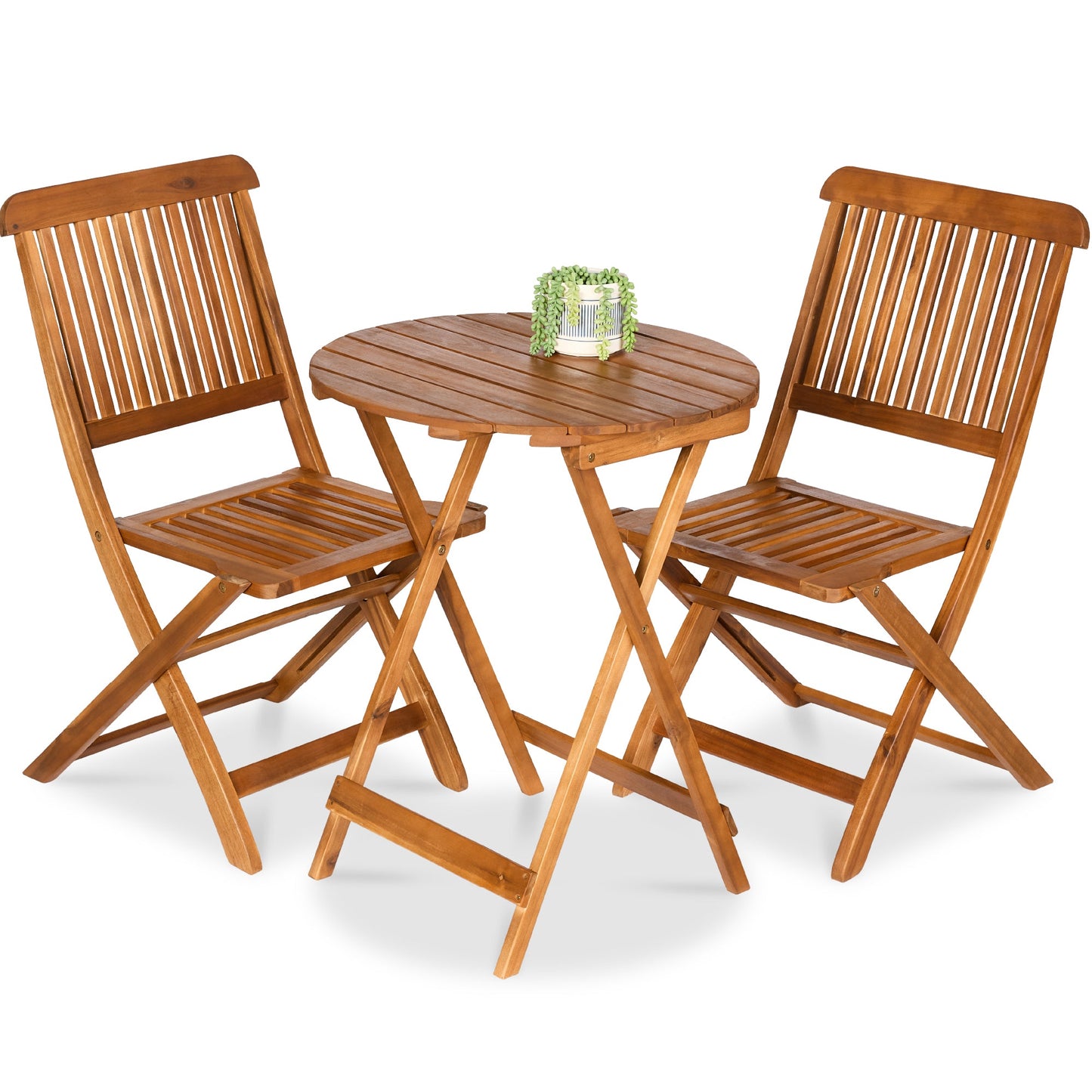 3-Piece Acacia Wood Bistro Set w/ Folding Table, 2 Chairs
