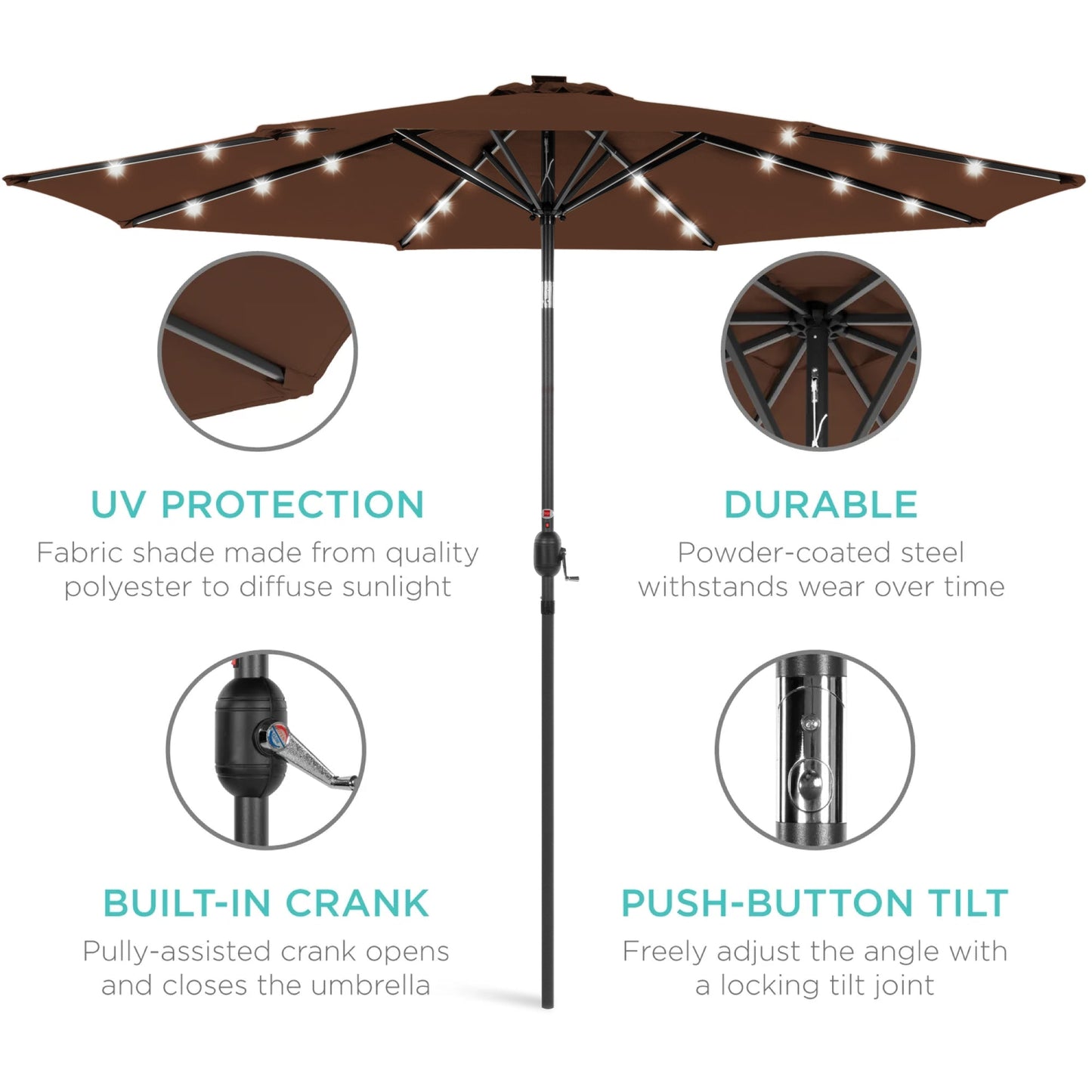 Solar LED Lighted Patio Umbrella w/ Tilt Adjustment, UV-Resistant - 10ft