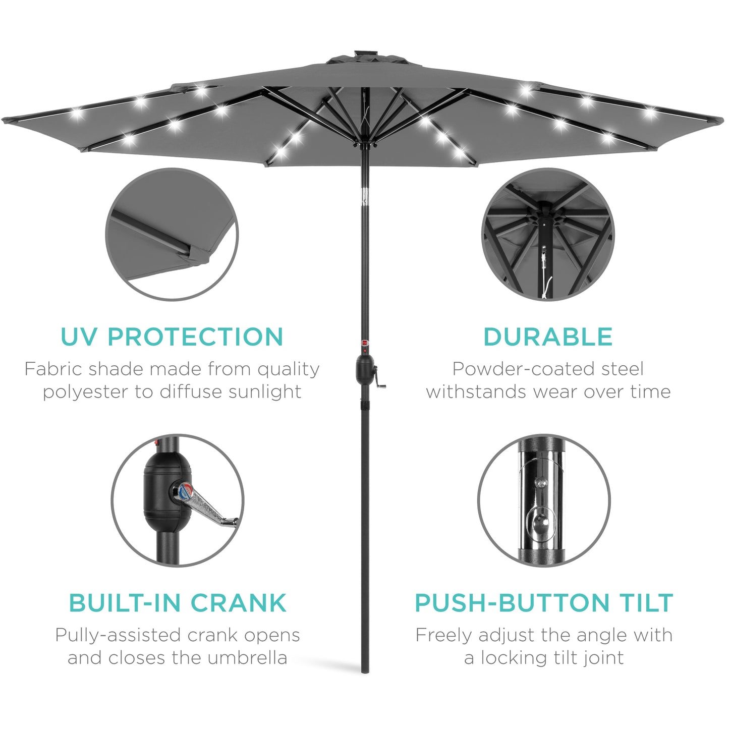 Solar LED Lighted Patio Umbrella w/ Tilt Adjustment, UV-Resistant - 10ft