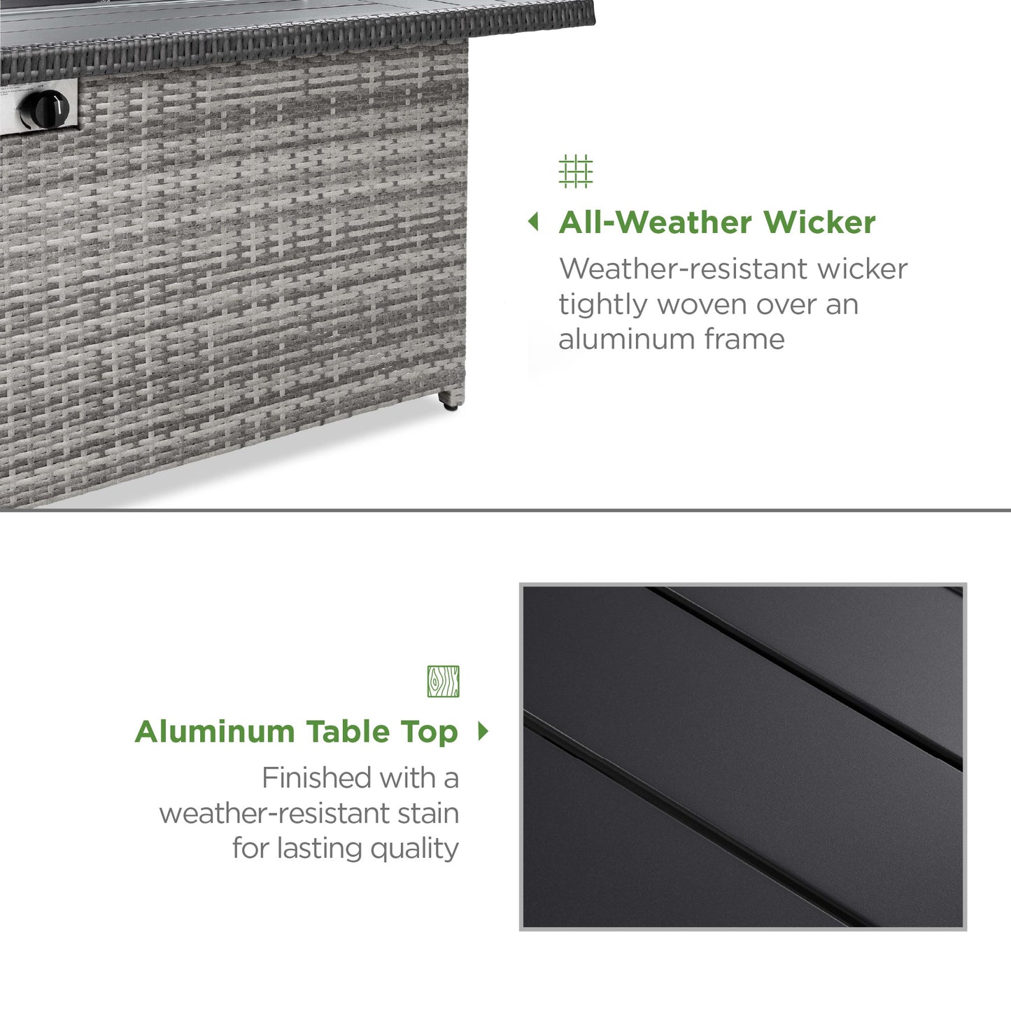 Wicker Propane Fire Pit Table, 50,000 BTU w/ Glass Wind Guard, Cover - 52in