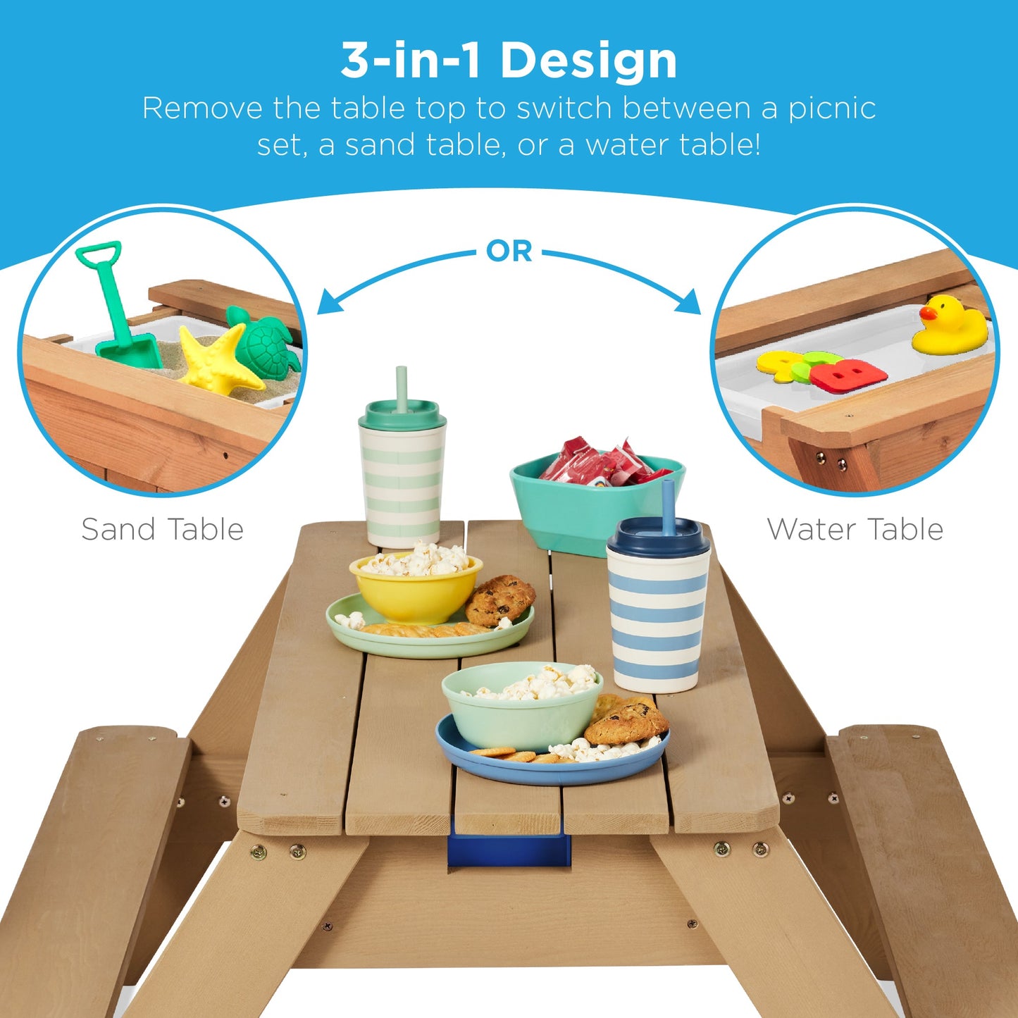 3-in-1 Kids Sand & Water Table Outdoor Wood Picnic Table w/ Umbrella