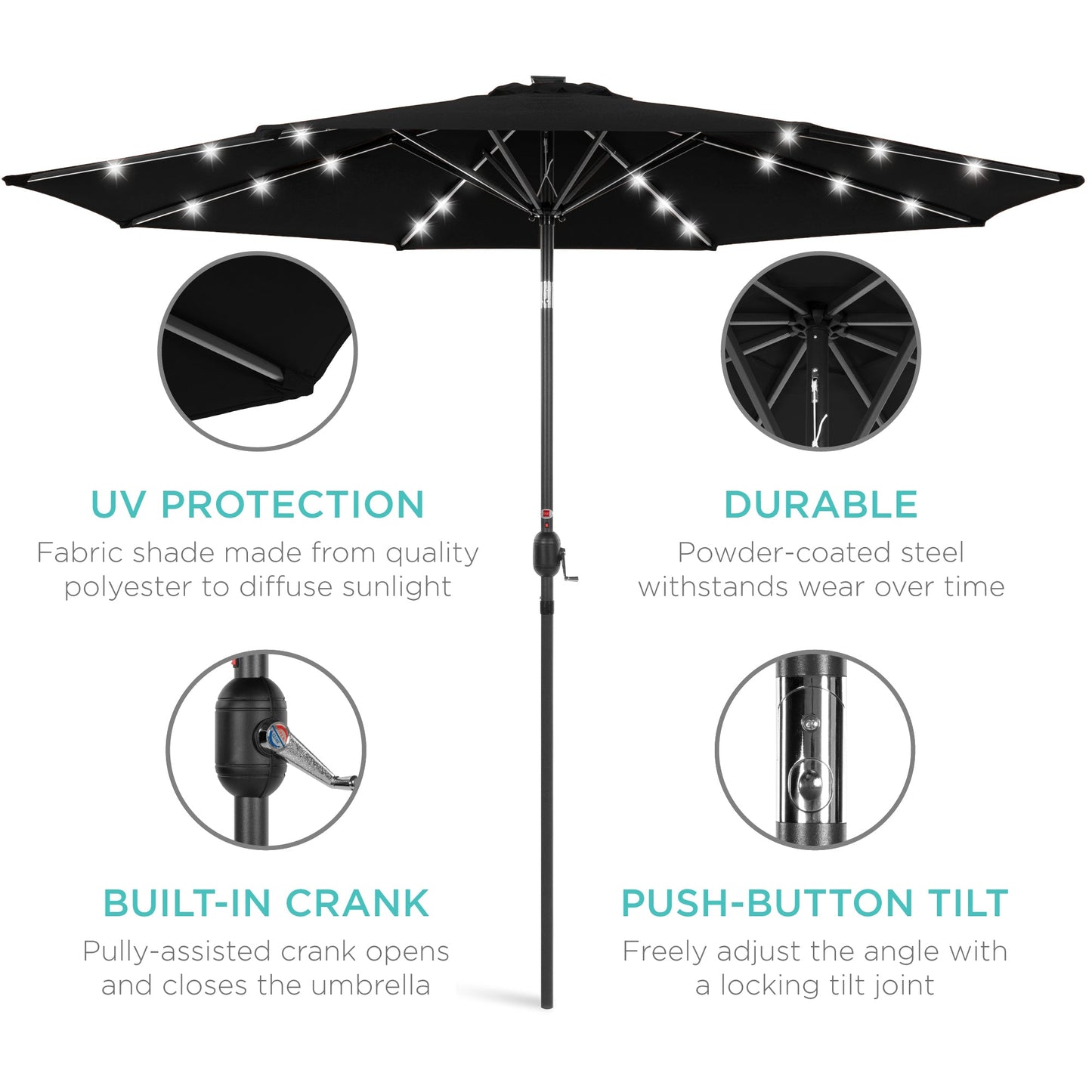 Solar LED Lighted Patio Umbrella w/ Tilt Adjustment, UV-Resistant - 10ft