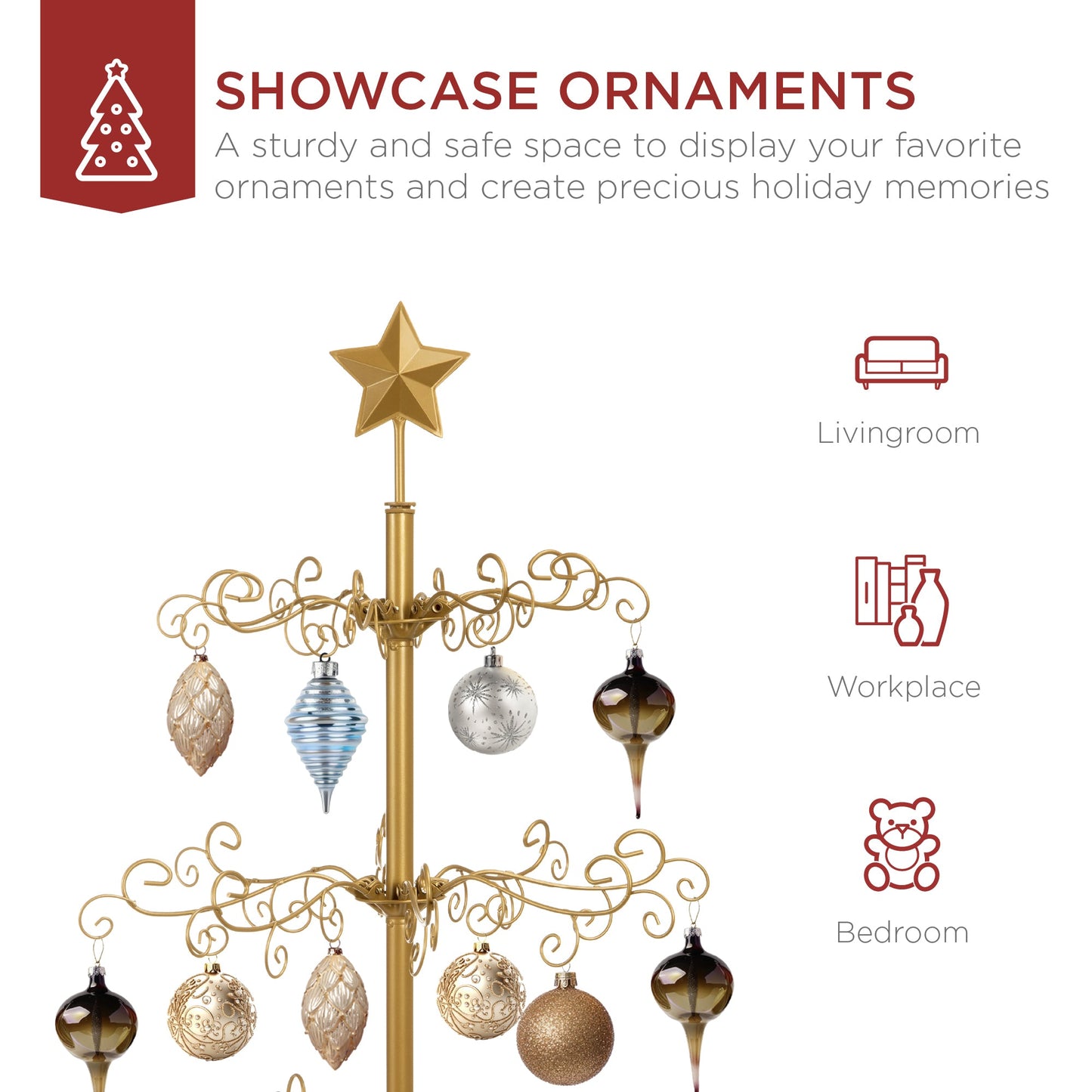Wrought Iron Christmas Tree Ornament Display w/ Easy Assembly, Stand - 3ft