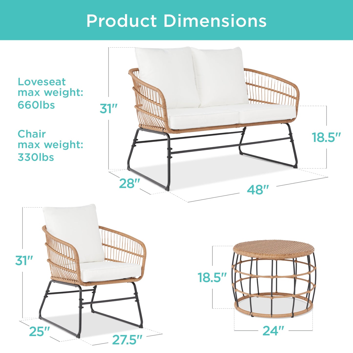 4-Piece Rope Wicker Outdoor Conversation Set w/ Cushions, Table