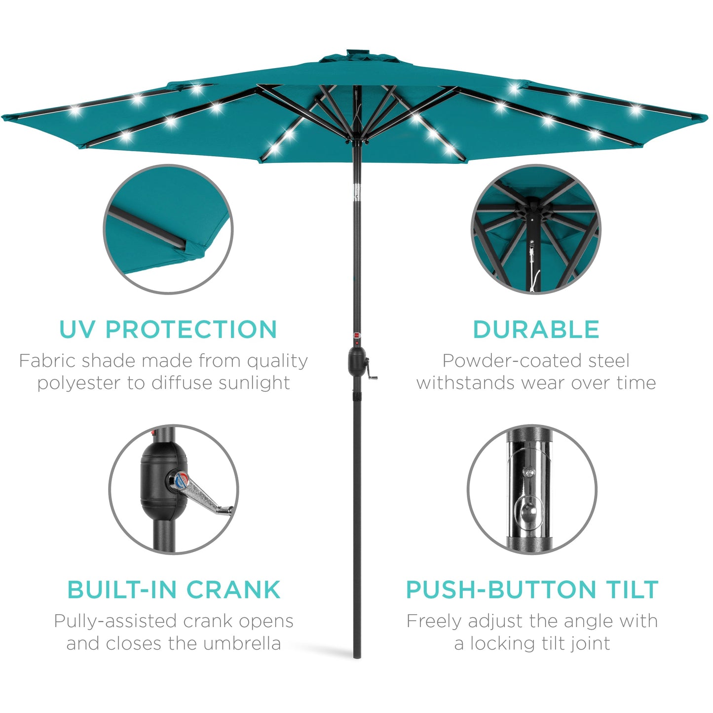 Solar LED Lighted Patio Umbrella w/ Tilt Adjustment, UV-Resistant - 10ft