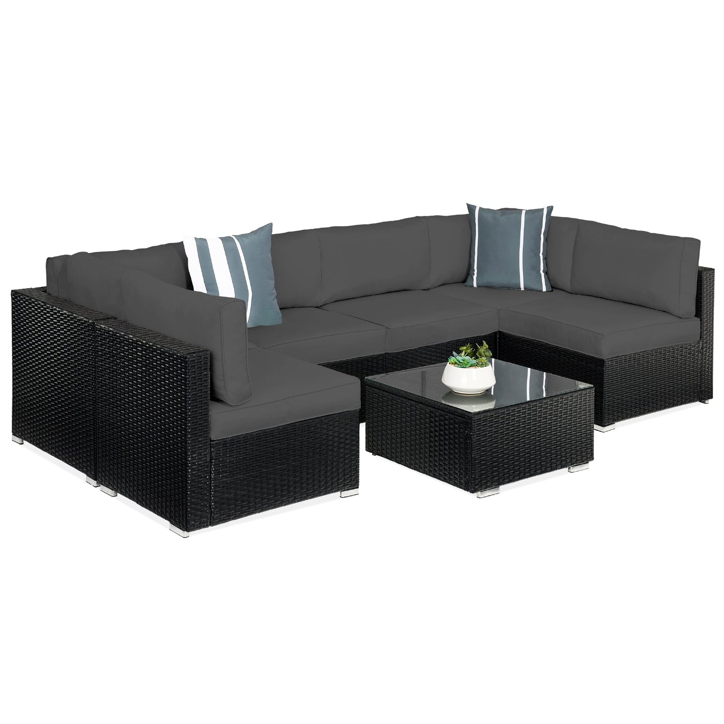 7-Piece Modular Wicker Sectional Conversation Set w/ 2 Pillows, Cover
