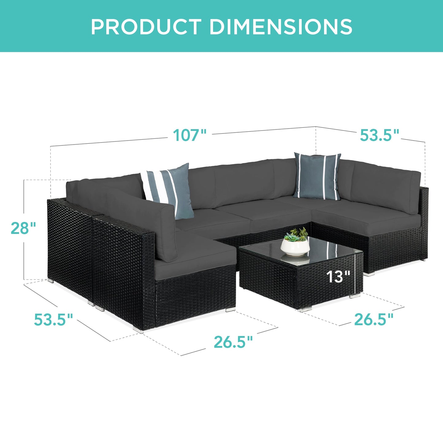 7-Piece Modular Wicker Sectional Conversation Set w/ 2 Pillows, Cover