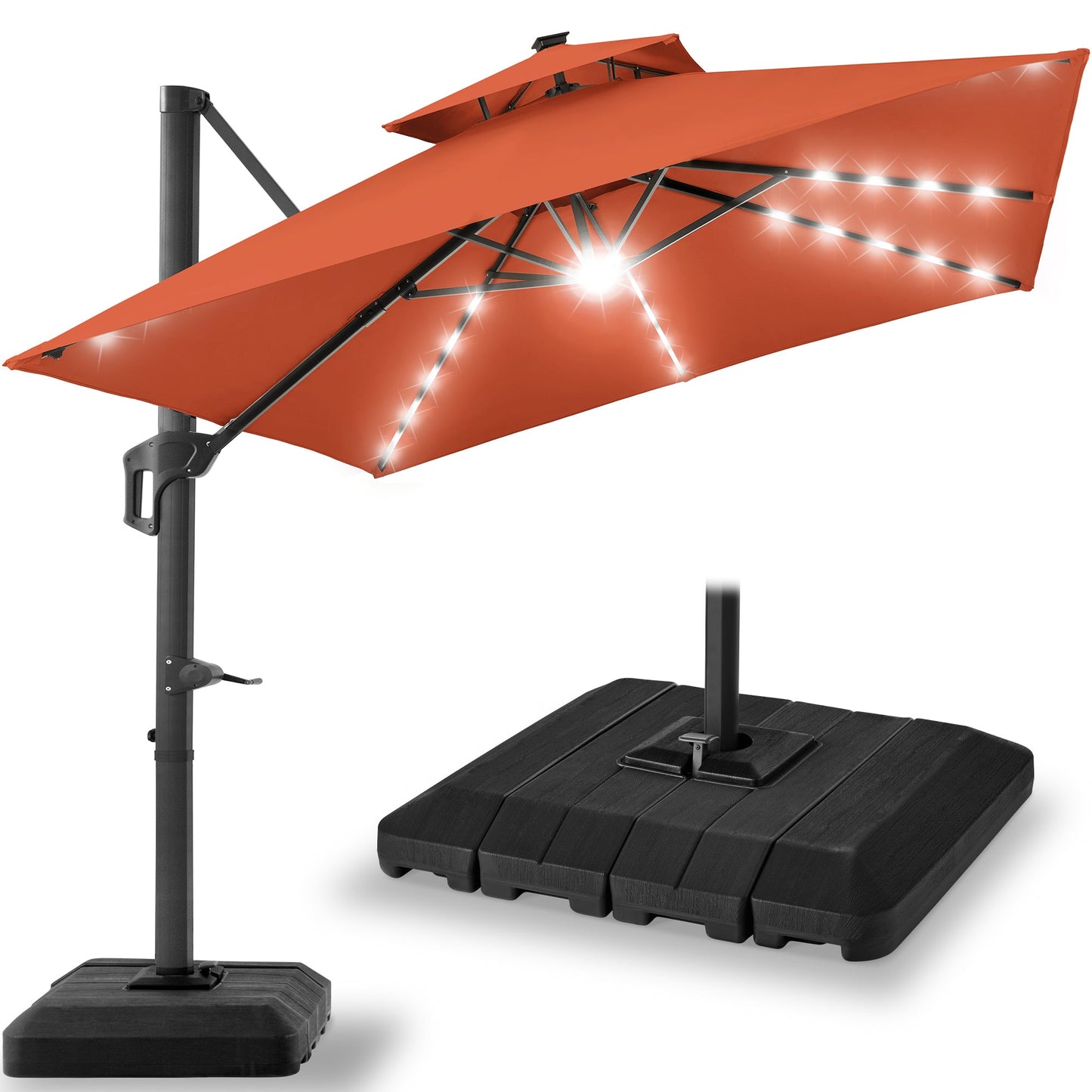 2-Tier Square LED Cantilever Offset Umbrella w/ 360 Rotation, Base - 10x10ft
