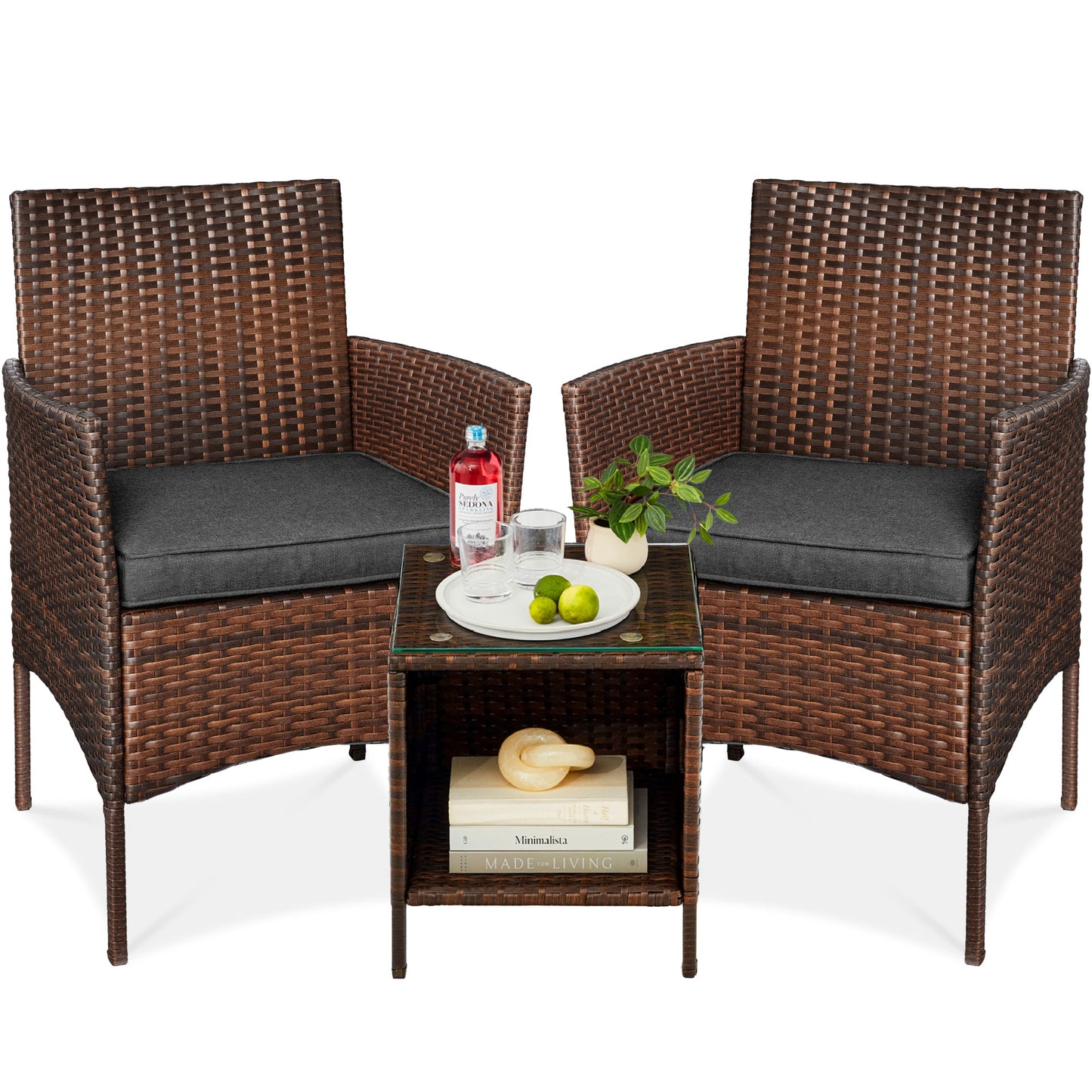 3-Piece Outdoor Patio Wicker Bistro Set w/ Side Storage Table