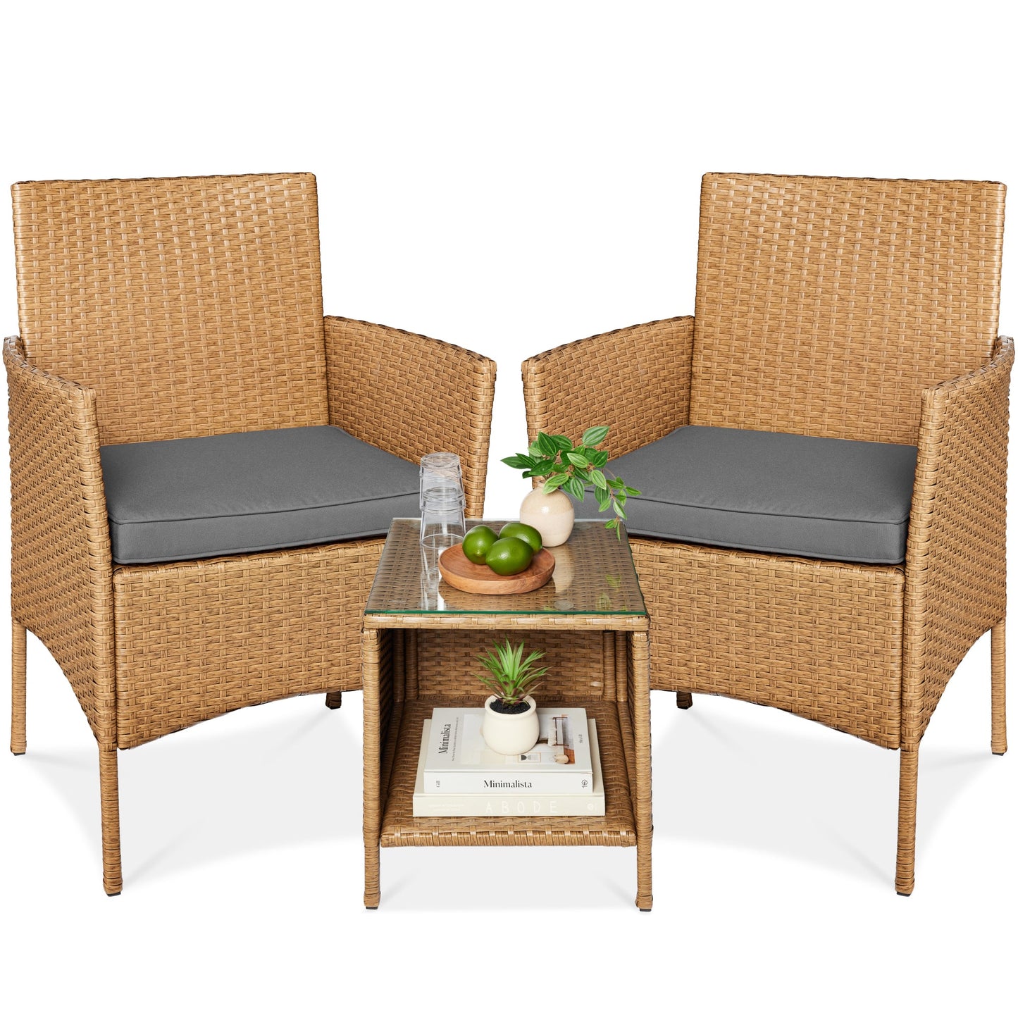3-Piece Outdoor Patio Wicker Bistro Set w/ Side Storage Table