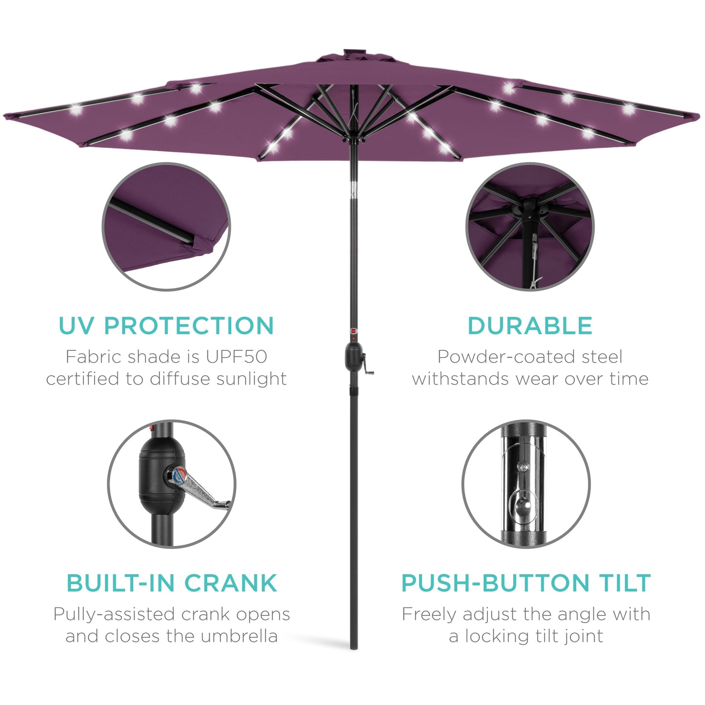 Solar LED Lighted Patio Umbrella w/ Tilt Adjustment, UV-Resistant - 10ft