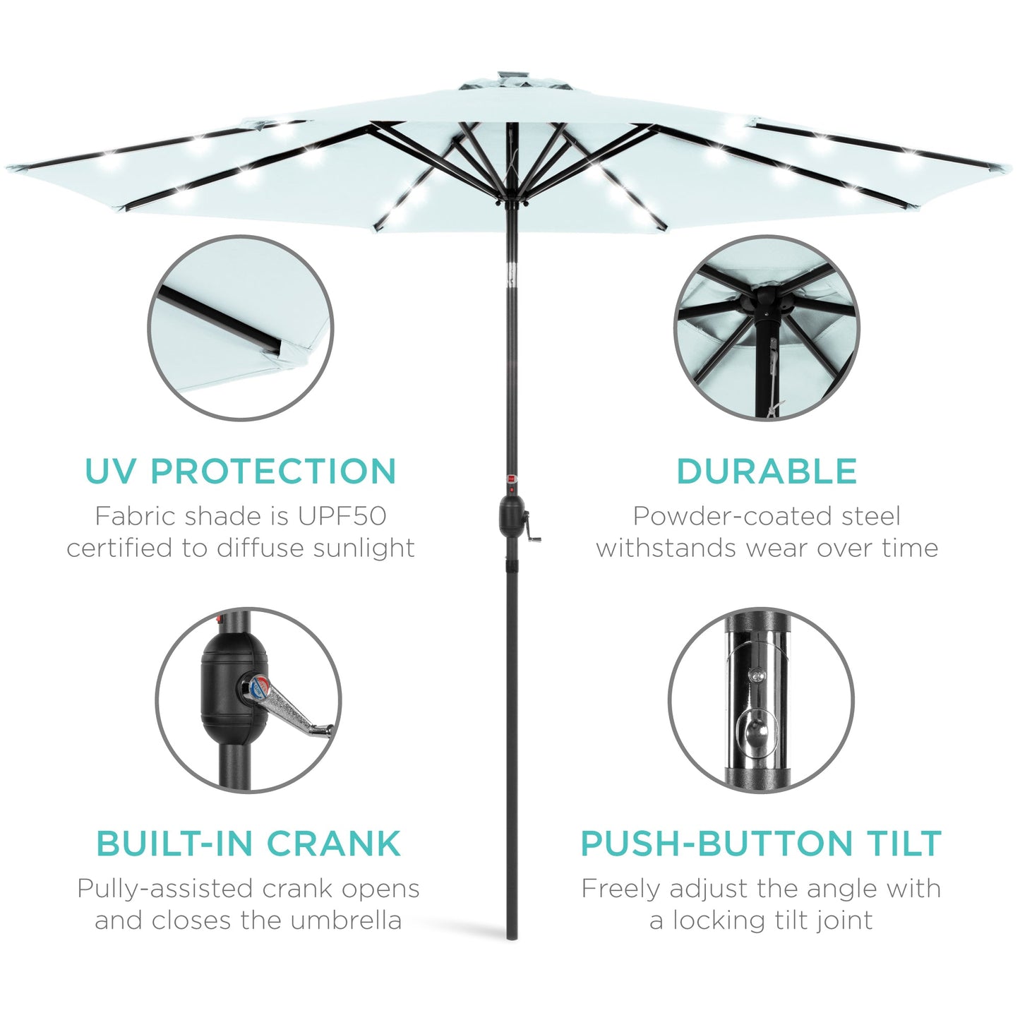 Solar LED Lighted Patio Umbrella w/ Tilt Adjustment, UV-Resistant - 10ft