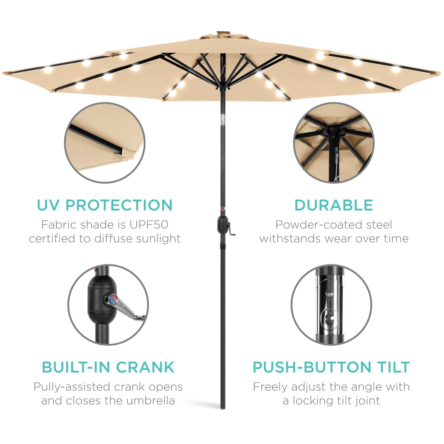 Solar LED Lighted Patio Umbrella w/ Tilt Adjustment, UV-Resistant - 10ft