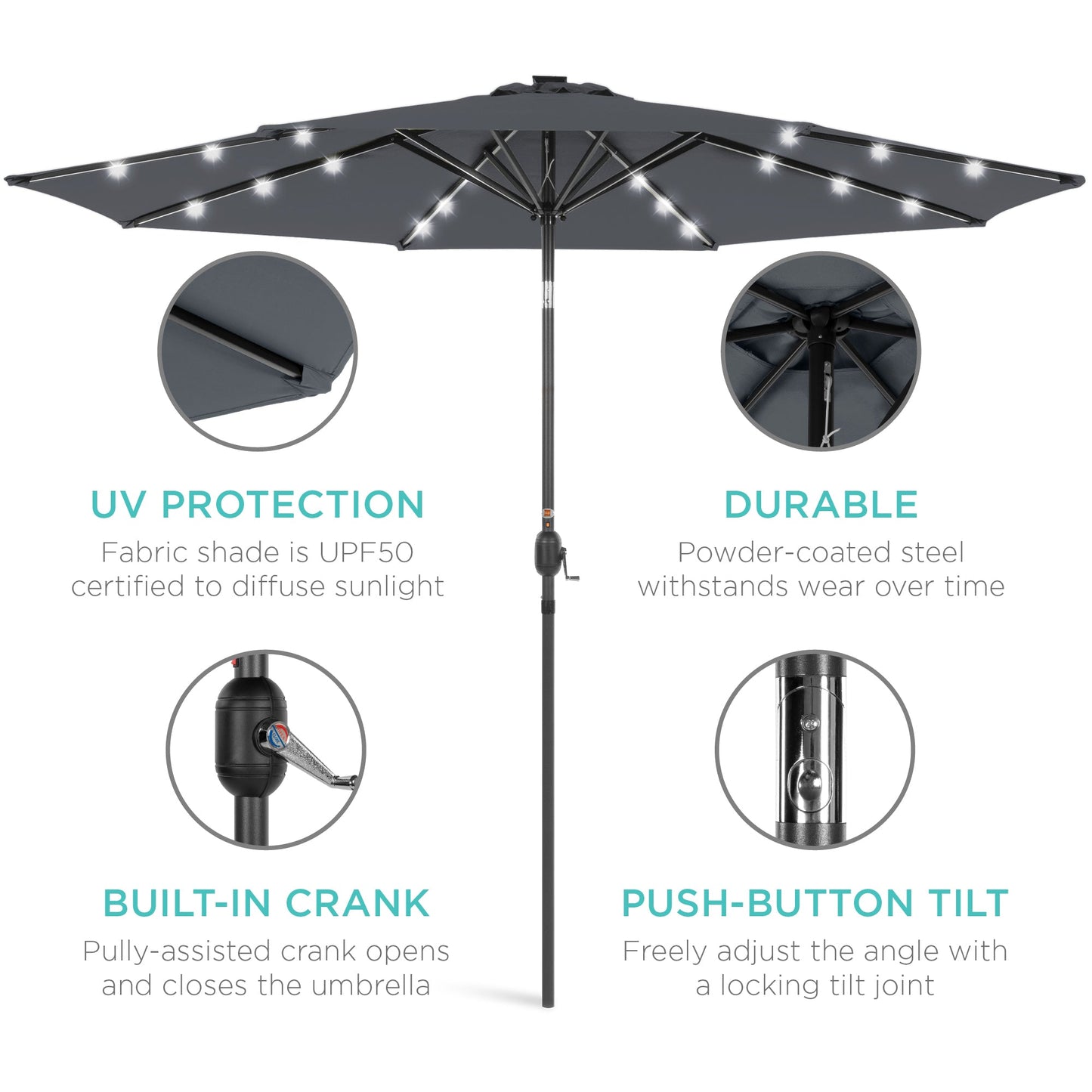 Solar LED Lighted Patio Umbrella w/ Tilt Adjustment, UV-Resistant - 10ft