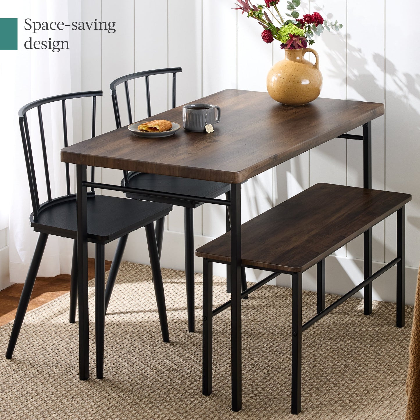 4-Piece Farmhouse Dining Table Set w/ 2 Black Spindle Chairs, Bench, Table