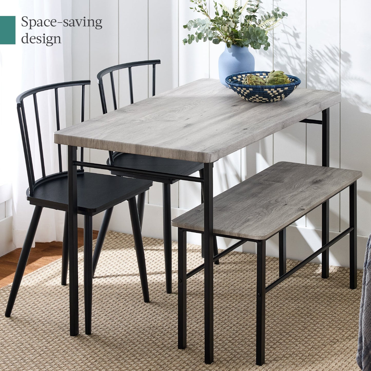 4-Piece Farmhouse Dining Table Set w/ 2 Black Spindle Chairs, Bench, Table