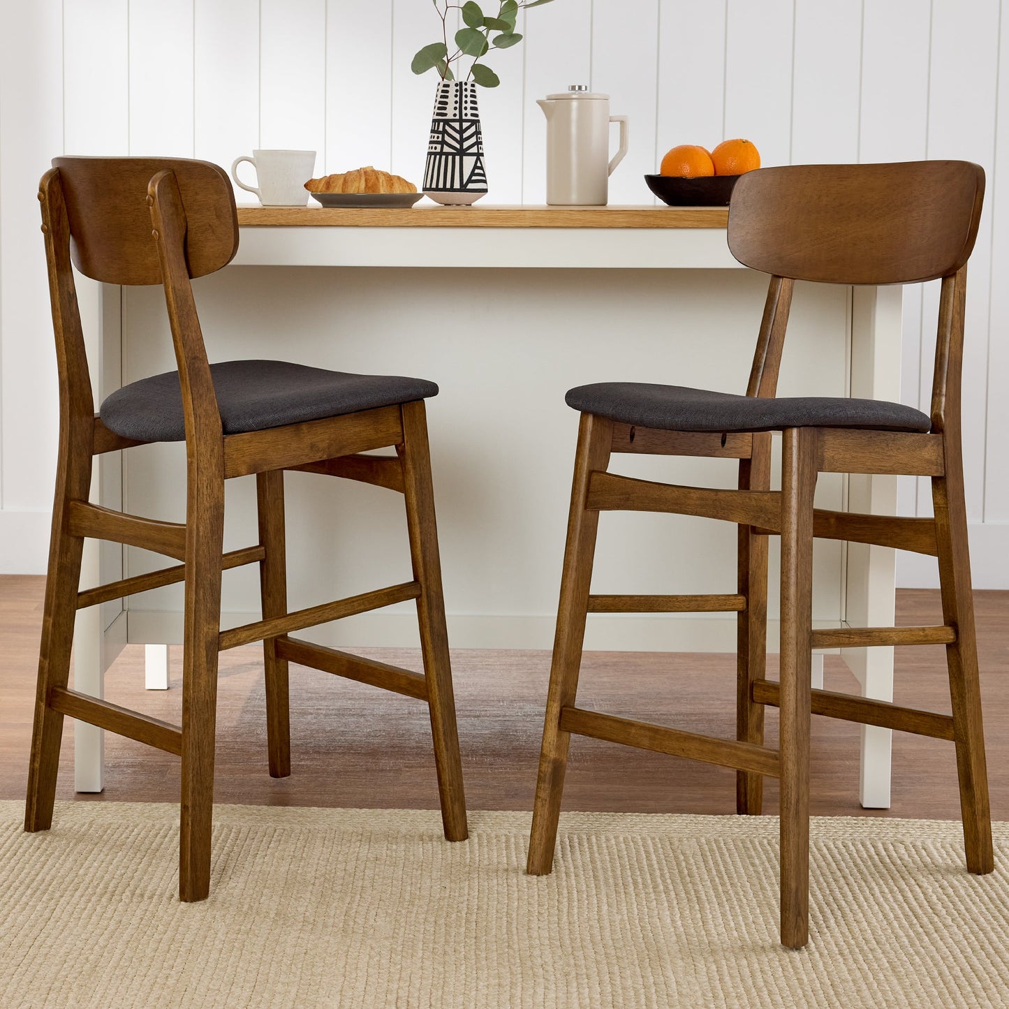 2-Piece Farmhouse Counter Height Bar Stool Set w/ Cushioned Seat, Backrest