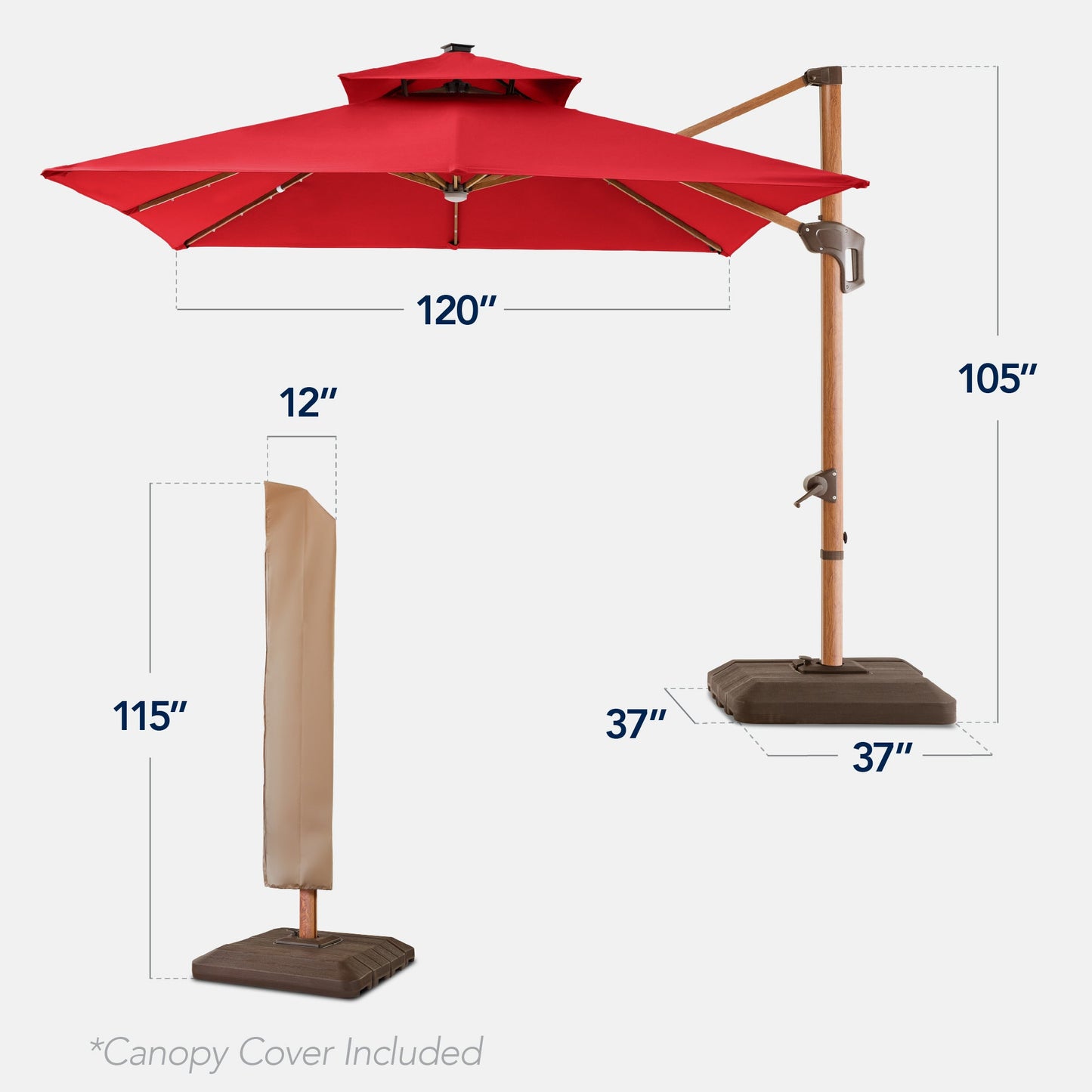 Woodgrain Pattern 2-Tier Outdoor Solar LED Cantilever Umbrella - 10x10ft