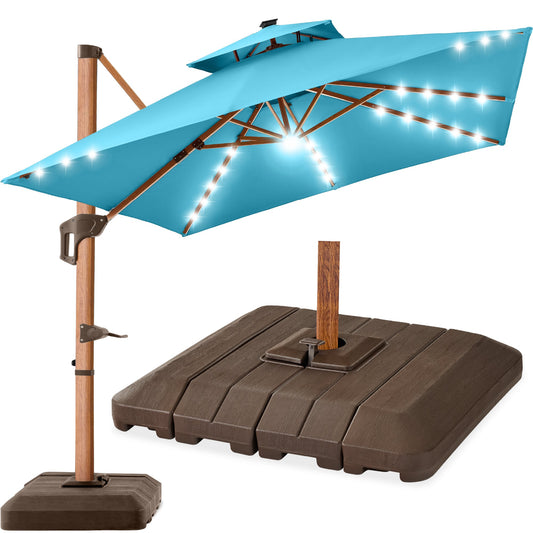Woodgrain Pattern 2-Tier Outdoor Solar LED Cantilever Umbrella - 10x10ft
