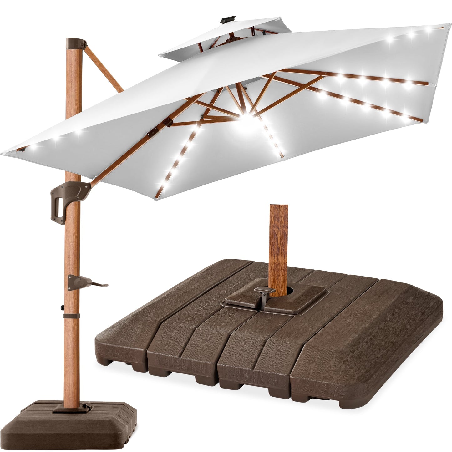 Woodgrain Pattern 2-Tier Outdoor Solar LED Cantilever Umbrella - 10x10ft