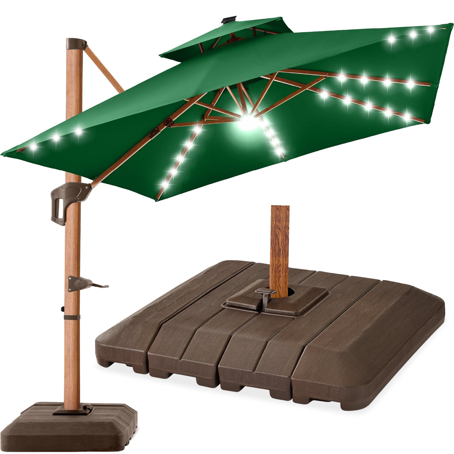 Woodgrain Pattern 2-Tier Outdoor Solar LED Cantilever Umbrella - 10x10ft