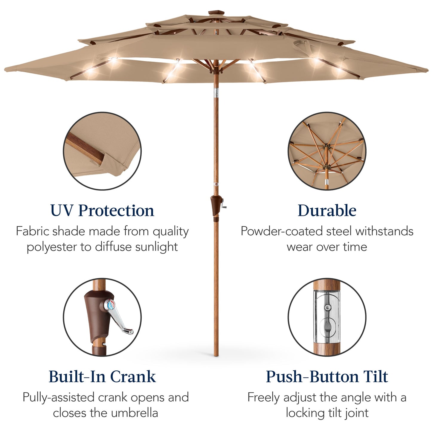 3-Tier Woodgrain Pattern Solar Patio Umbrella, Tilt Adjustment - 10ft