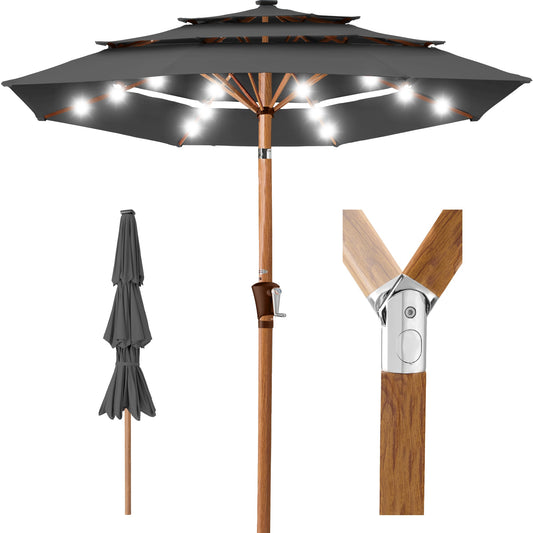 3-Tier Woodgrain Pattern Solar Patio Umbrella, Tilt Adjustment - 10ft