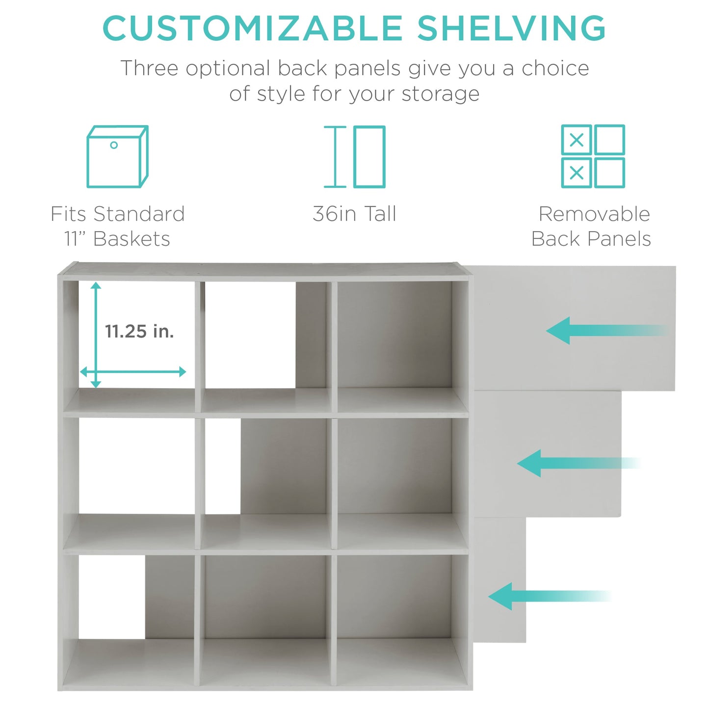 9-Cube Bookshelf Storage Display w/ 3 Removable Panels, Customizable Design